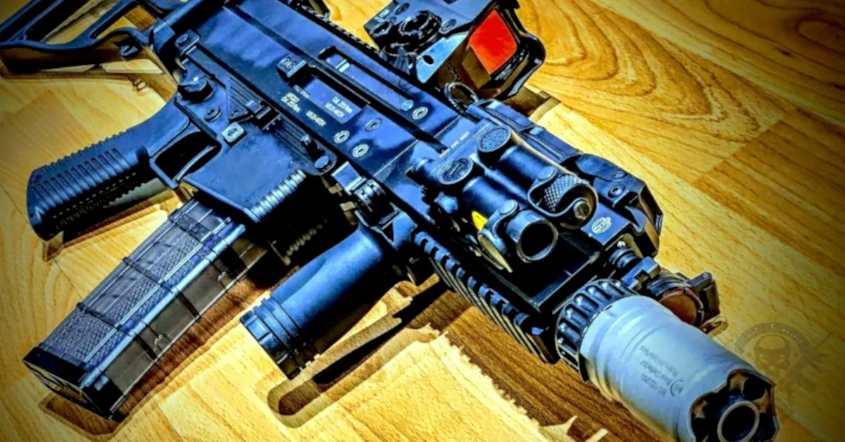 AR-15 with Holosun LE117 Elite laser light mounted on M-LOK rail for tactical low-light targeting