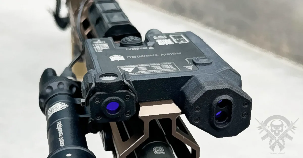 US Night Vision IR-V triple-beam green laser sight mounted on tan AR-15 rail, optimized for night vision compatibility