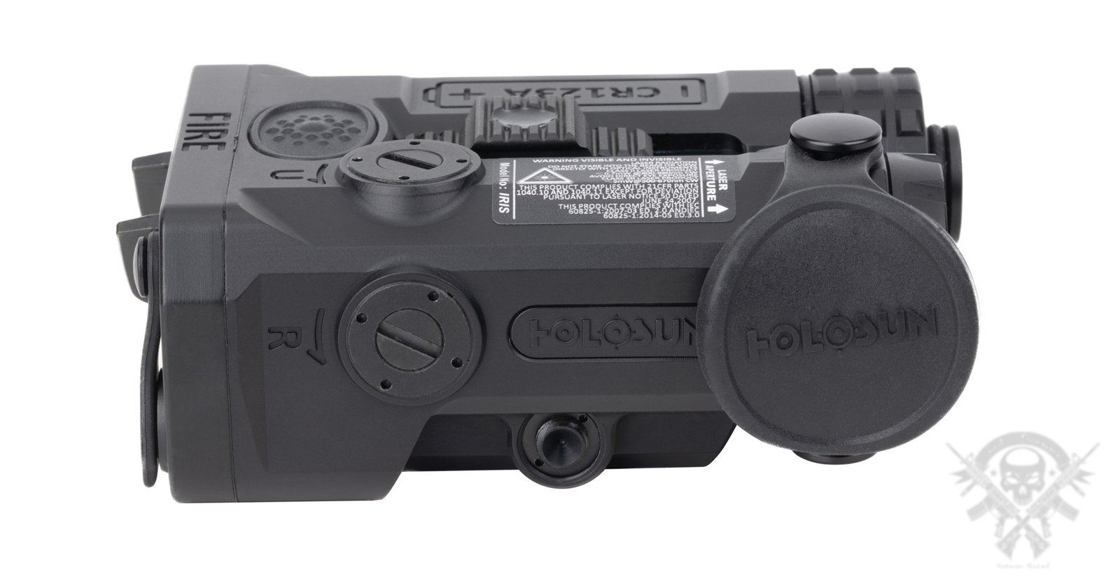 Rear view of Holosun IRIS 3 laser device showing control layout and dual battery cap design
