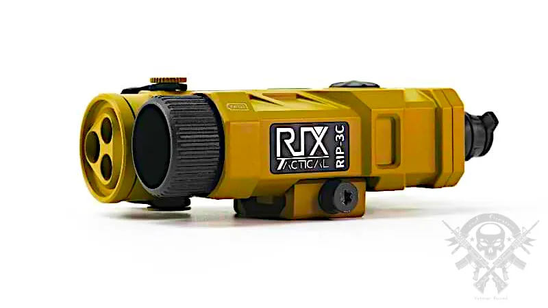 Side profile image of the RIX RIP-3C IR laser device showing triple-lens layout, adjustment turrets, and QD Picatinny mount, rendered in a studio-lit yellow anodized finish for clarity.
