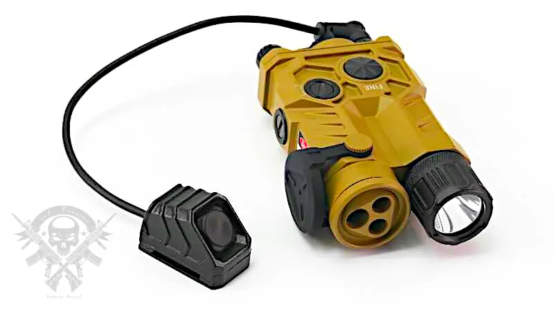 Angled product shot of the RIX RIP-3C IR laser with included ModButton-style remote switch, showing front laser apertures, top-mounted selector, and QD mount on a white background.