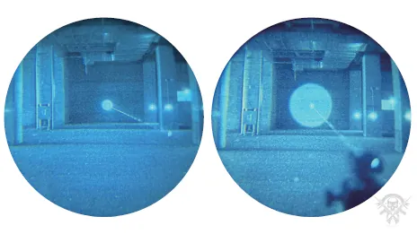 Side-by-side night vision simulation showing the RIX RIP-3C IR laser’s pointer and flood output through dual-tube night vision goggles in a low-light tactical environment.