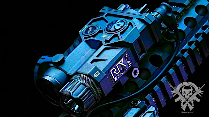 RIX RIP-3C IR laser sight close-up on AR-15 rail system, showing laser apertures and aluminum housing in blue-lit tactical display.