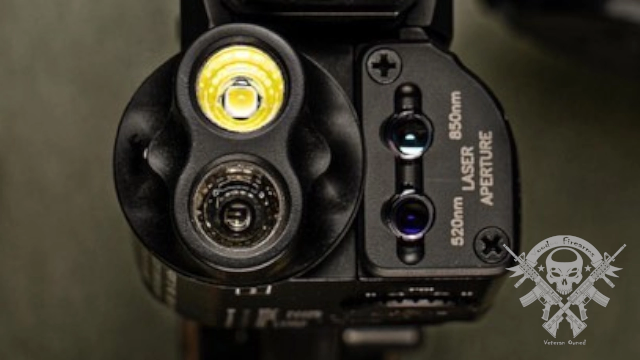 Front view of the SureFire XVL2-IRC showing white light and laser lenses in a dual-beam configuration