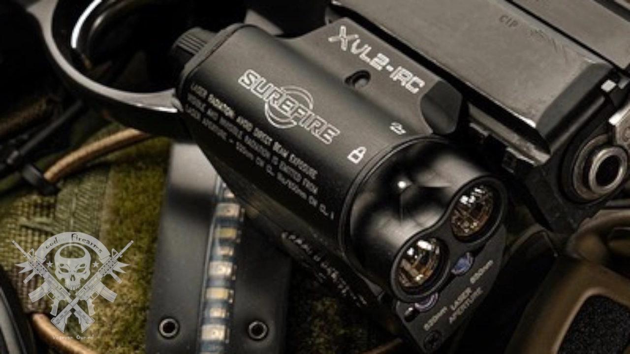 SureFire XVL2-IRC mounted on rifle with visible toggle switch and laser markings