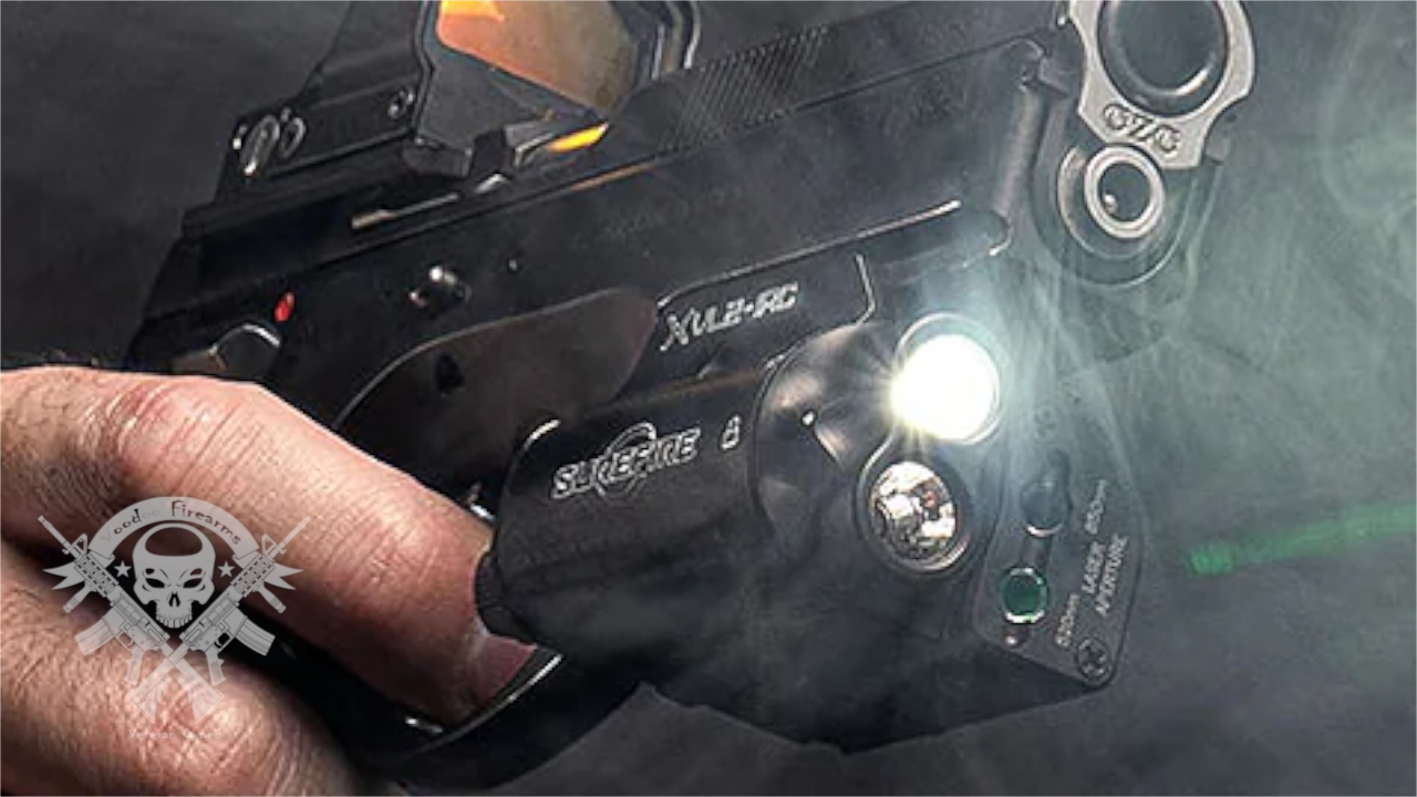 SureFire XVL2-IRC activated on pistol, showing white light and visible green laser during nighttime use