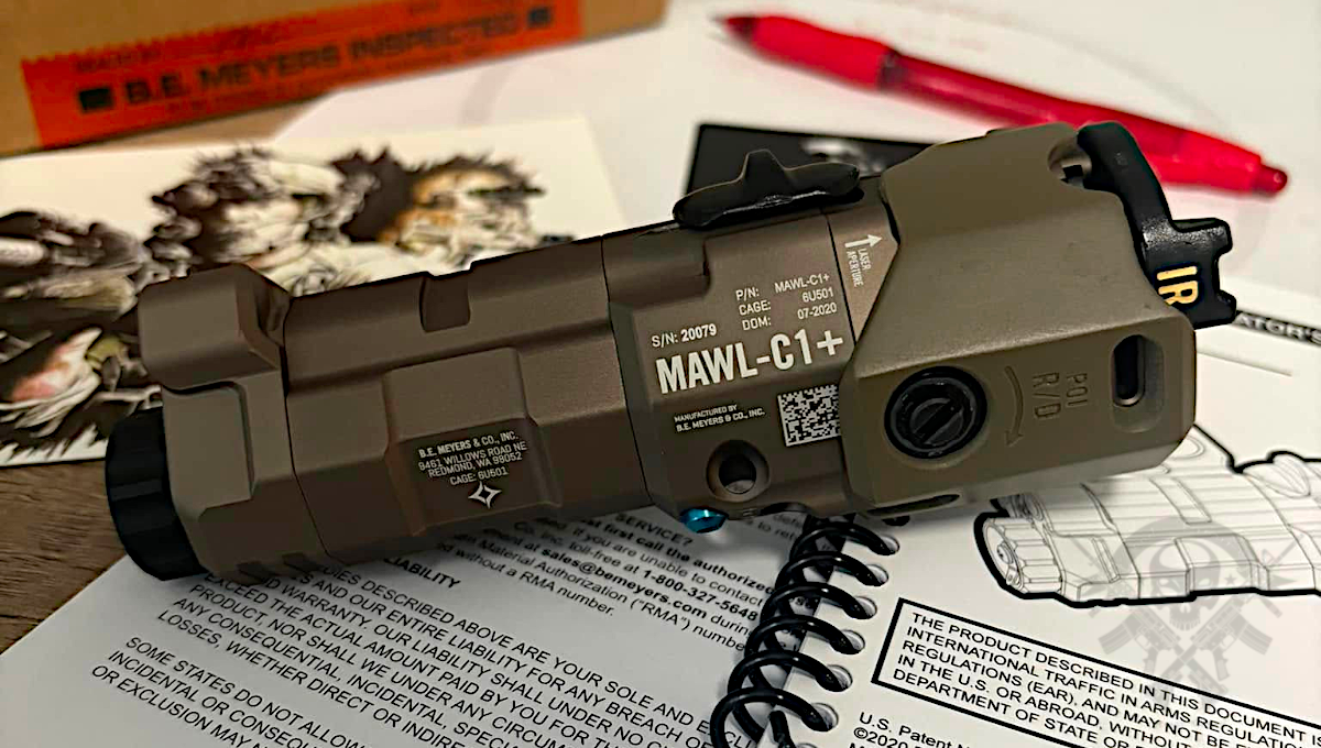 Top-down view of the BE Meyers MAWL C1+ infrared laser and illuminator showing modular body and controls