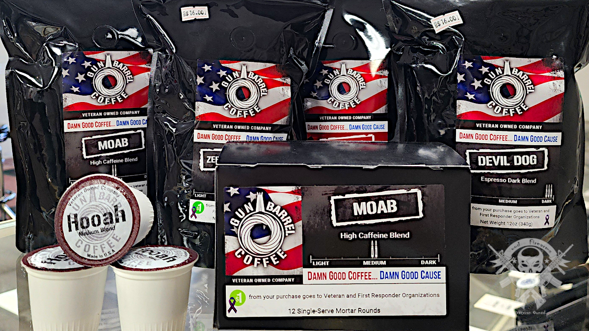 Gun Barrel Coffee sampler with MOAB, Devil Dog, and Hooah blends, including K-Cups and whole bean bags