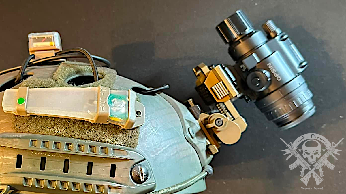 Helmet-mounted night vision monocular setup used with IR laser for low-light AR-15 operations