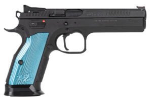 CZ-USA 91222 TS 2 40 S&W 17+1 5.28" Black Steel Barrel, Black Serrated Steel Slide, Black Polycoat Steel Frame w/Beavertail, Blue Checkered Aluminum Grip, Ambidextrous