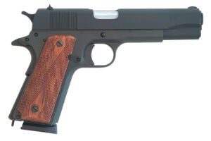 Cimarron 1911 1911 .45 ACP 8+1, 5.03" Black Steel Barrel, Black Parkerized Serrated Slide & Frame, Checkered Walnut Grips