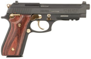 Taurus 1-920151GLD-HW1 92  Full Size Frame 9mm 17+1 5" Matte Black Stainless Steel Barrel, Matte Black Serrated Alloy Steel Slide, Matte Black w/Gold Accents Aluminum Frame w/Picatinny Rail, Wood Grip