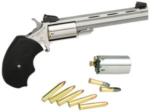 North American Arms MMTC Mini-Master *CA Compliant 22 LR/22 WMR 5 Shot 4" Stainless Steel Vent Rib Barrel, Stainless Steel Frame, Stainless Cylinder, Black Finger Grooved Rubber Grip, Exposed Hammer