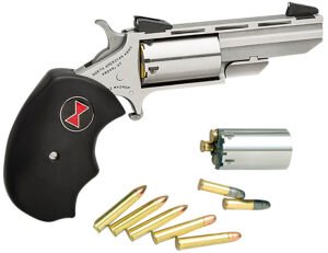 North American Arms BWC Black Widow 22 LR/22 WMR 5 Shot 2" Stainless Steel Vent Rib Barrel, Stainless Steel Frame, Stainless Cylinder, Black Finger Grooved Rubber Grip, Exposed Hammer